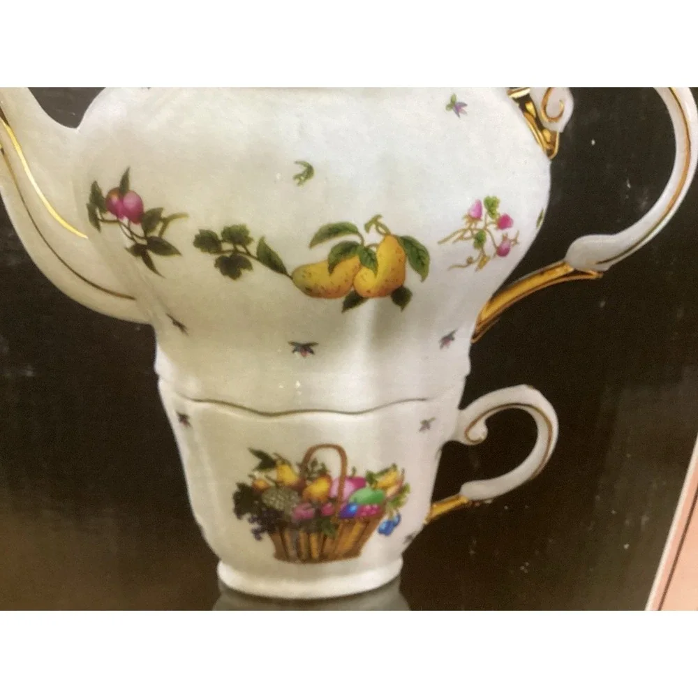Porcelain Stacking‎ Teapot & Cup Fruit Pattern Fine China - New In Box 3-Piece